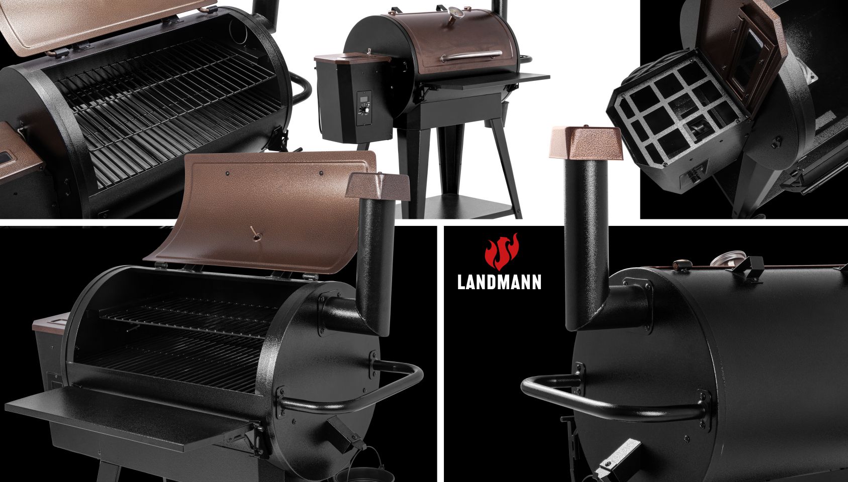 Kolaż studyjnej fotografii produktowej, grill węglowy
