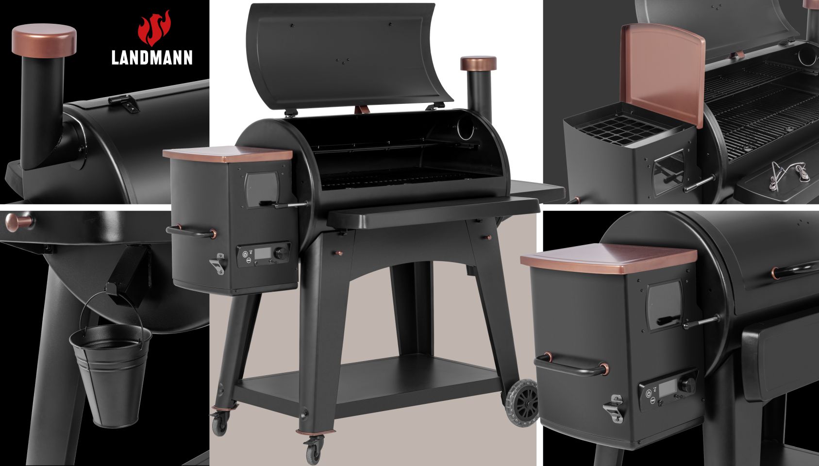 Kolaż studyjnej fotografii produktowej, grill węglowy