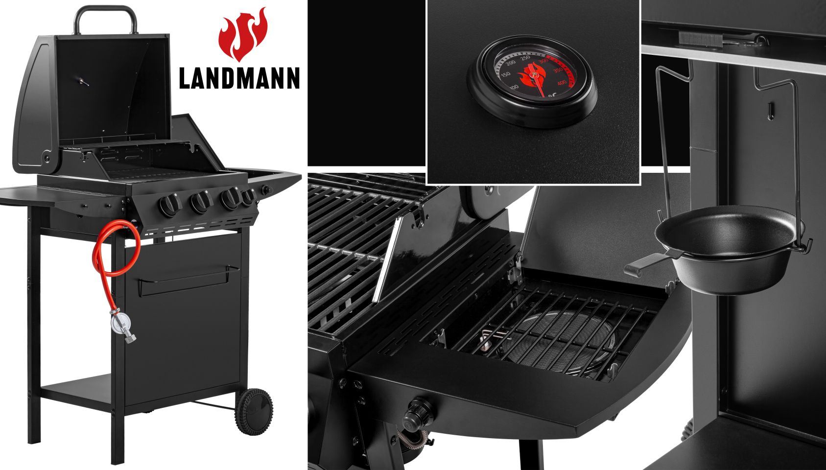 Kolaż studyjnej fotografii produktowej, grill gazowy