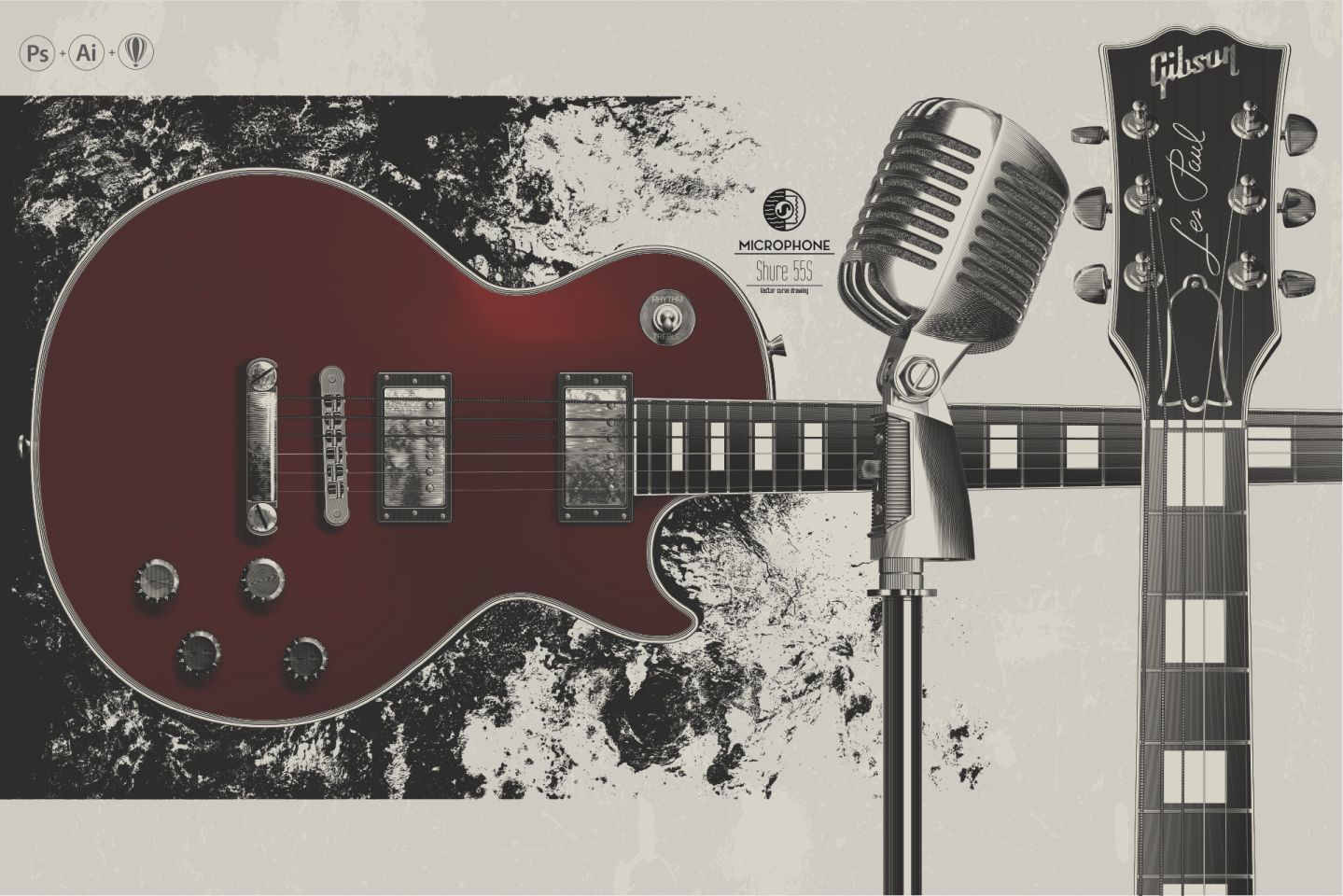 Wektorowy projekt autorski gitary Gibson Les Paul i mikrofonu Shure